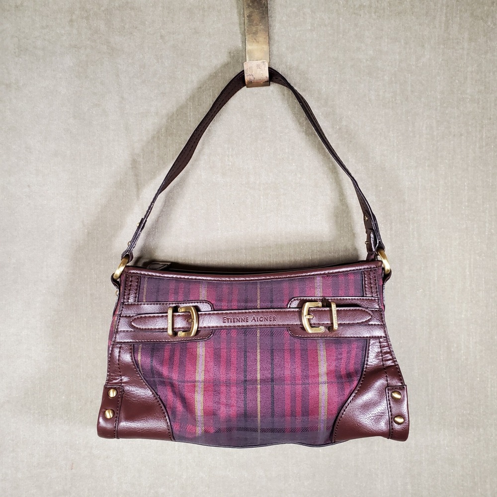 Etienne Aigner Shoulder Bag Women Small Burgundy Plaid Excellent Buckle Detail